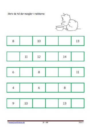 Skriv de tal der mangler. Elevopgave til matematikundervisning i talrækken.