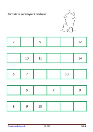 Skriv de tal der mangler. Elevopgave til matematikundervisning i talrækken.