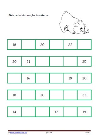 Skriv de tal der mangler. Elevopgave til matematikundervisning i talrækken.