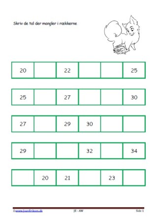 Skriv de tal der mangler. Elevopgave til matematikundervisning i talrækken.