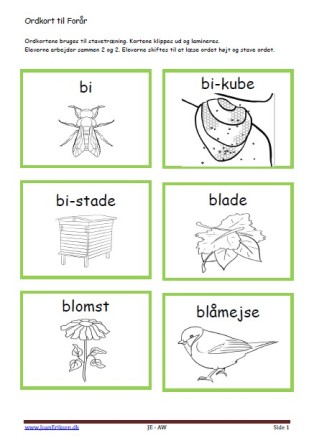 Stavekort og ordkort til undervisningen i indskolingen og mellemtrinnet. Forår.