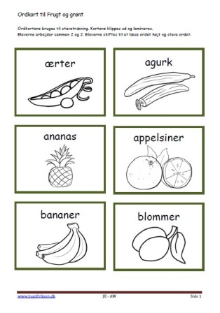 Stavekort og ordkort til undervisningen i indskolingen og mellemtrinnet. Frugt og grønt