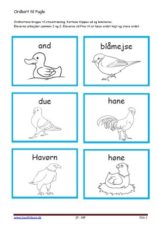 Stavekort og ordkort til undervisningen i indskolingen og mellemtrinnet. Fugle.