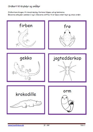 Stavekort og ordkort til undervisningen i indskolingen og mellemtrinnet. Krybdyr og smådyr.