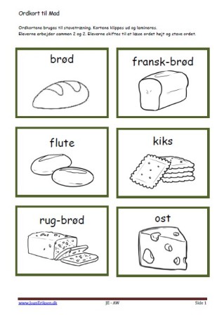 Stavekort og ordkort til undervisningen i indskolingen og mellemtrinnet. Mad.