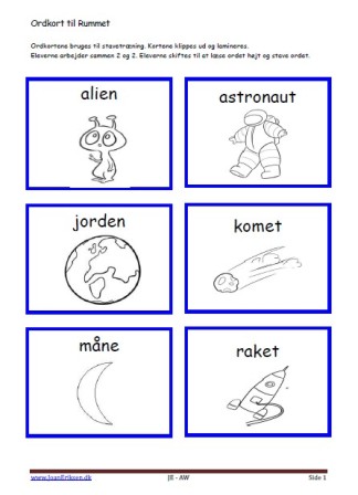 Stavekort og ordkort til undervisningen i indskolingen og mellemtrinnet. Rummet.