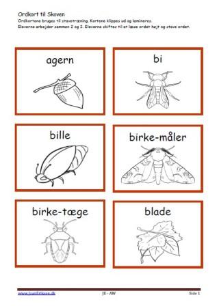 Stavekort og ordkort til undervisningen i indskolingen og mellemtrinnet. Skoven.