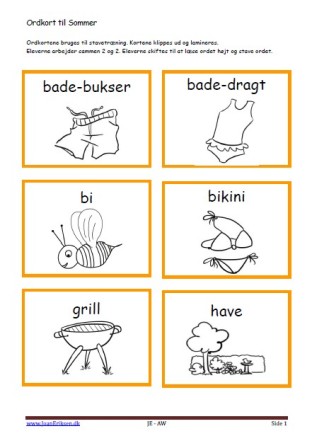 Stavekort og ordkort til undervisningen i indskolingen og mellemtrinnet. Sommer.