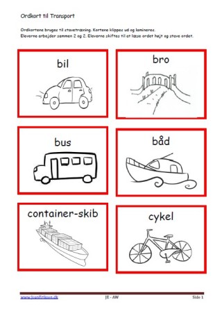 Stavekort og ordkort til undervisningen i indskolingen og mellemtrinnet. Transport.