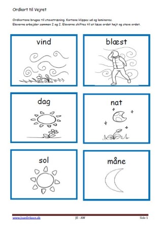 Stavekort og ordkort til undervisningen i indskolingen og mellemtrinnet. Vejret.