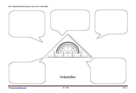 Skriveark med talebobler til faglitteratur og børnestavning. Undervisning i indskoling. Vinkelmåler.