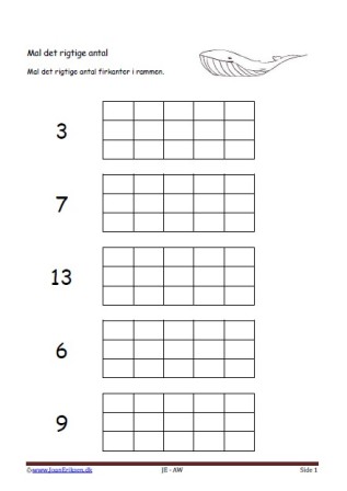 Undervisning i matematik. Mal det rigtige antal. Blåhval, fisk og havdyr, Grønland.