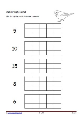 Undervisning i matematik. Mal det rigtige antal. Blåmejse. Fugle.