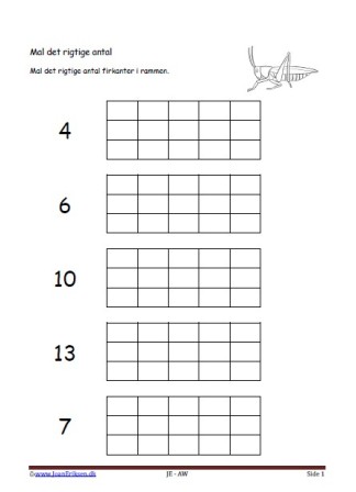 Undervisning i matematik. Mal det rigtige antal. Græshoppe. Insekter.