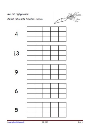 Undervisning i matematik. Mal det rigtige antal. Gulerod, Frugt og grønt.