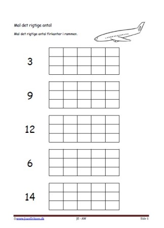 Undervisning i matematik. Mal det rigtige antal. Fly, Transport.