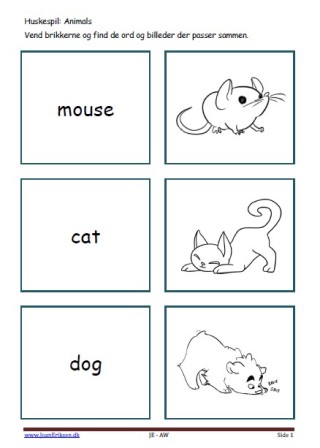 Huskespil, memory til undervisningen, Engelsk