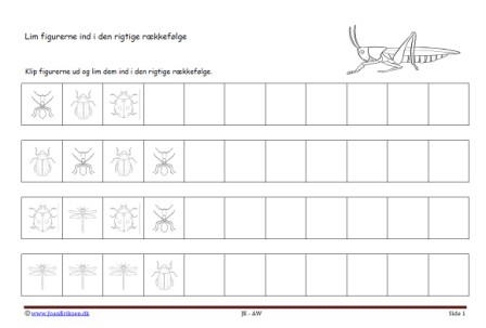 Matematik undervisning i mønster og rækkefølge. græshopper, insekter.