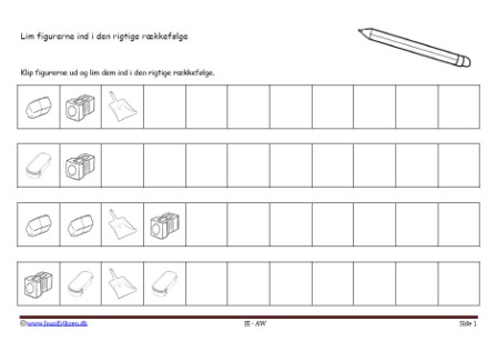 Matematik undervisning i mønster og rækkefølge. Ting i skolen.