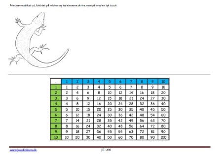 Navneskilte med tabeller til undervisningen. Firben