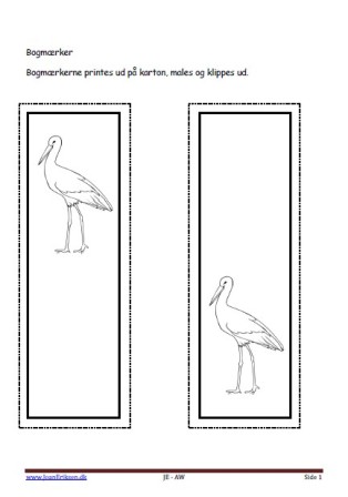 Bogmærke, malebog Indskoling, mellemtrin, Stork, fugle