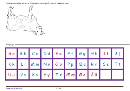 Navneskilte, Undervisning, Indskoling, mellemtrin, Alfabet. Broget ko, Landbrug,