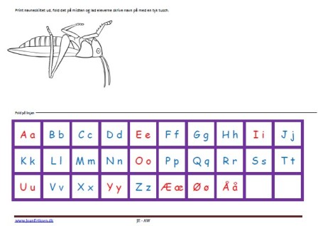 Navneskilte, Undervisning, Indskoling, mellemtrin, Alfabet. Græshoppe, Insekter,