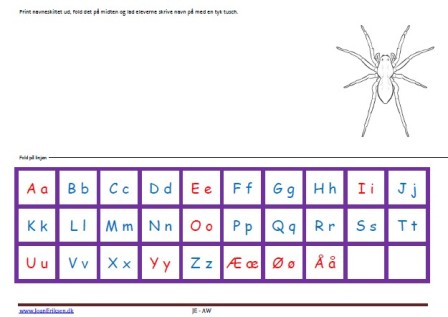 Navneskilte, Undervisning, Indskoling, mellemtrin, Alfabet. Edderkop,