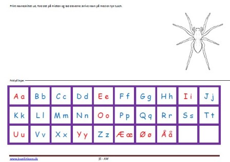 Navneskilte, Undervisning, Indskoling, mellemtrin, Alfabet. Edderkop,