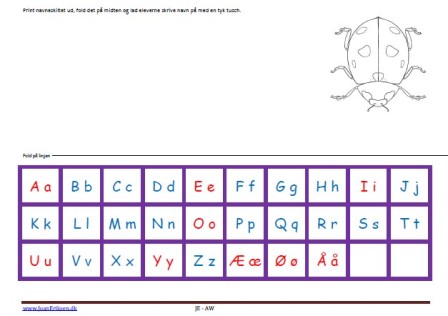 Navneskilte, Undervisning, Indskoling, mellemtrin, Alfabet. Insekter,