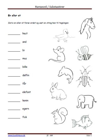 Navneord, Substantiver, En eller et, Elevopgave, Undervisning, Dyr