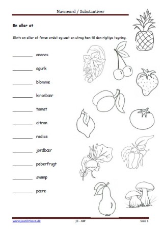 Navneord, Substantiver, En eller et, Elevopgave, Undervisning, Frugt og grønt,