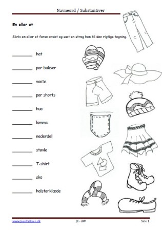 Navneord, Substantiver, En eller et, Elevopgave, Undervisning, Tøj