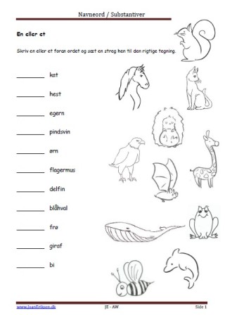 Navneord, Substantiver, En eller et, Elevopgave, Undervisning, Dyr
