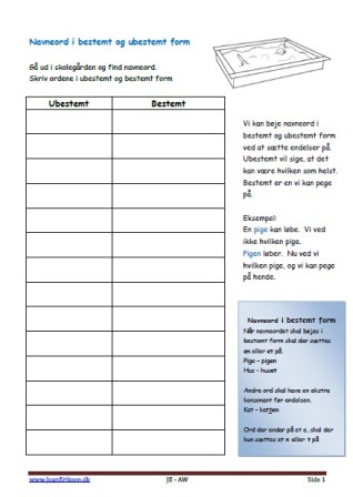 Navneord Bestemt og Ubestemt, Elevopgave, Ordklasser, Skolegården, udeskole,