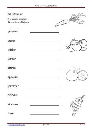 Prik og del i stavelser. Dansk, Elevopgave, Undervisning, Navneord, Substantiver, Frugt og grønt