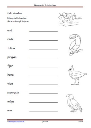 Prik og del i stavelser. Dansk, Elevopgave, Undervisning, Navneord, Substantiver, Fugle