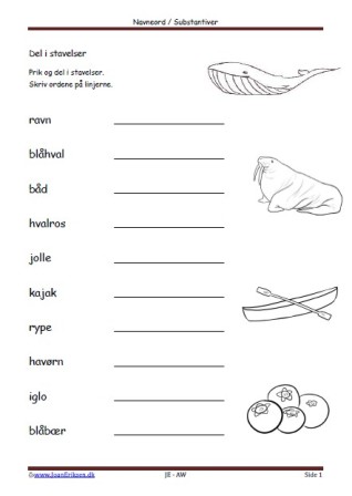 Prik og del i stavelser. Dansk, Elevopgave, Undervisning, Navneord, Substantiver, Grønland
