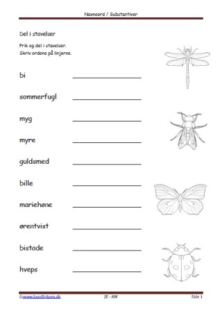 Prik og del i stavelser. Dansk, Elevopgave, Undervisning, Navneord, Substantiver, Insekter