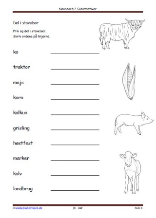 Prik og del i stavelser. Dansk, Elevopgave, Undervisning, Navneord, Substantiver, Landbrug