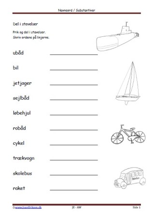 Prik og del i stavelser. Dansk, Elevopgave, Undervisning, Transport,