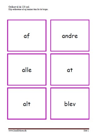 Ordkort, Stavekort, Hente-liste diktat, 120 ord, Undervisning, Elevopgave,