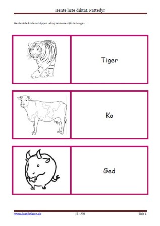 Ordkort, Stavekort, Hente-liste diktat, Pattedyr, Undervisning, Elevopgave,