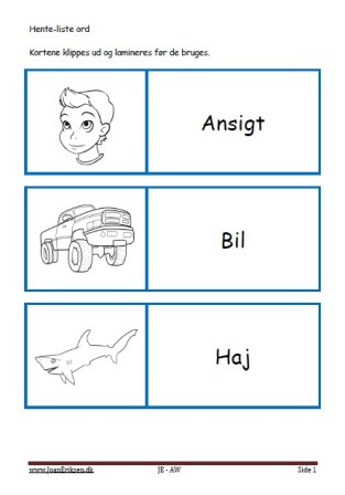 Ordkort, Stavekort, Hente-liste diktat, Navneord, Undervisning, Elevopgave,