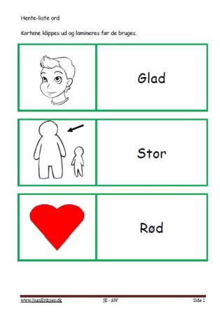 Ordkort, Stavekort, Hente-liste diktat, Tillægsord, Undervisning, Elevopgave,