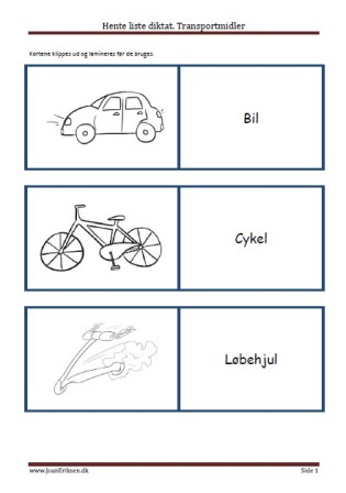 Ordkort, Stavekort, Hente liste diktat, Transport, Underisning, Elevopgave.