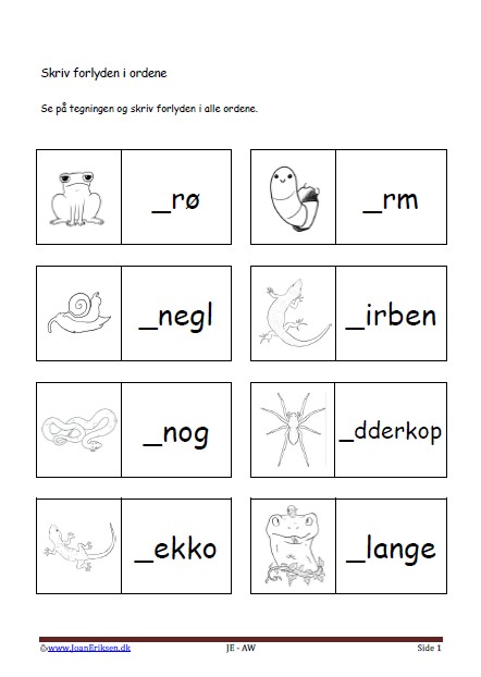 Dansk undervisning i stavning og forlyd. Tema. Krybdyr og smådyr