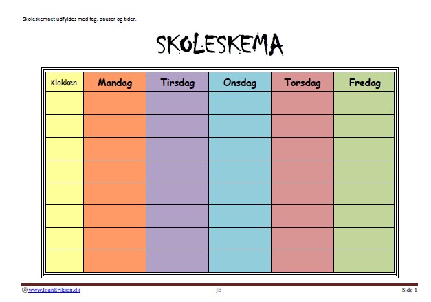 Skoleskema til udfyldning med fag og tider