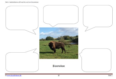 Skriveark med talebobler til undervisning i temaet bisonokser og landbrug.