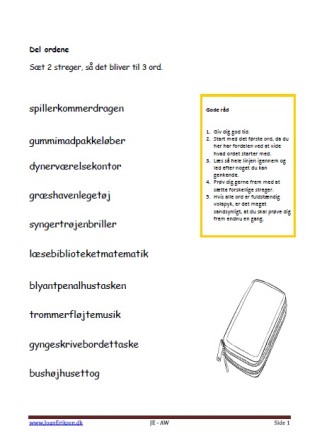 Undervisning i sproglig forståelse. Del ordene er en øvelse til national test.
